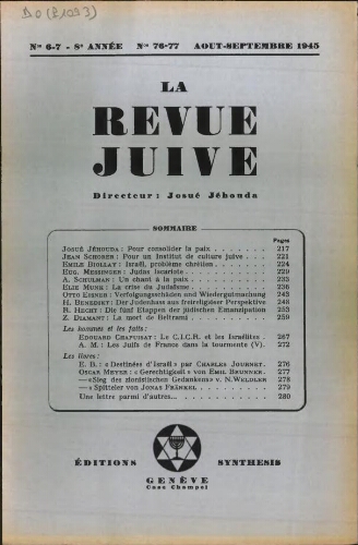 La Revue Juive de Genève. Vol. 8 n° 6-7 fasc. 76-77 (août-septembre 1945)